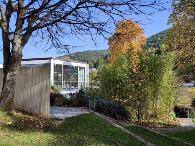 Ein Gebäude mit einem Baum davor, umgeben von Gras, trockenen Blättern, Pflanzen und einem Geländer, vor Bergen und einem klaren blauen Himmel, als Universität Stuttgart identifiziert.