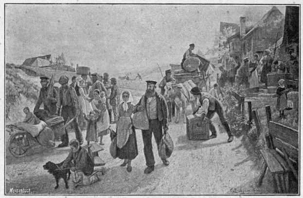 Eine Gruppe von Menschen, einige mit Taschen, geht einen Schotterweg entlang, ein Mensch auf einem Pferdewagen, Häuser im Hintergrund und ein Text unten mit der Aufschrift "Deutsche Flüchtlinge in Deutschland".