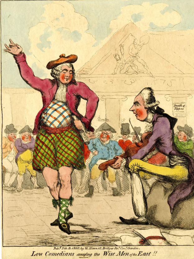 Zeichnung eines Mannes in einem Kilt und einer Frau in einem Kleid, die vor einer Menge stehen, mit einem Gebäude und Wolken im Hintergrund und einem Text unten, der 'Niedrige Komiker, die die weisen Männer des Ostens unterhalten' lautet.