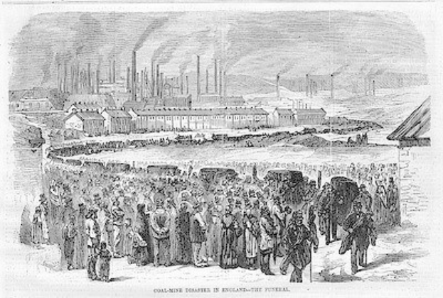 Schwarze und weiße Zeichnung von Menschen vor einer Fabrik mit Häusern und Rauch aus Schornsteinen, beschriftet mit "Kohlebergwerksunfall in England das Ende".