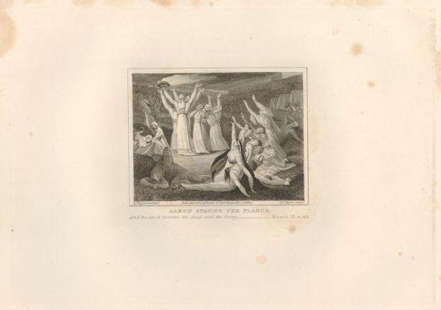 Schwarz-weißer Stich "Aaron Staying the Plague" zeigt verstörte Menschen in einem Feld unter einem tiefblauen Himmel mit untergehender Sonne.