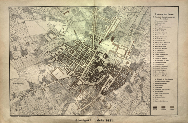 Ein detaillierter Stadtplan von Stuttgart, Deutschland aus dem Jahr 1881, mit Text und umfassender Übersicht.