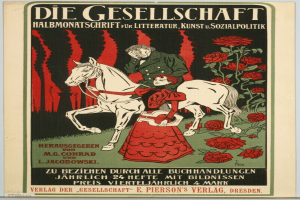 Ein deutscher Propagandaplakat für die Gesellschaft, das einen Mann und eine Frau auf einem Pferd zeigt, umgeben von Rosen, mit Text zur Ereignisinformation.