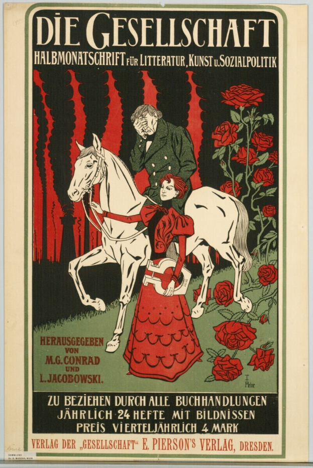 Ein deutscher Propagandaplakat für die Gesellschaft, das einen Mann und eine Frau auf einem Pferd zeigt, umgeben von Rosen, mit Text zur Ereignisinformation.
