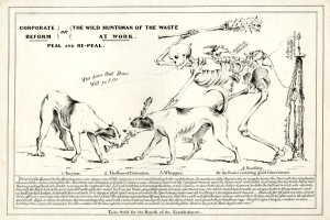 Ein Vintage-Papier im Stil der 50er Jahre mit einem dezenten Blau- und Grautonumfang zeigt eine Zeichnung von zwei Hunden, die einen Skelett flankieren, mit der Aufschrift "Der wilde Jäger der Wildnis im Einsatz" in fetter Schrift.