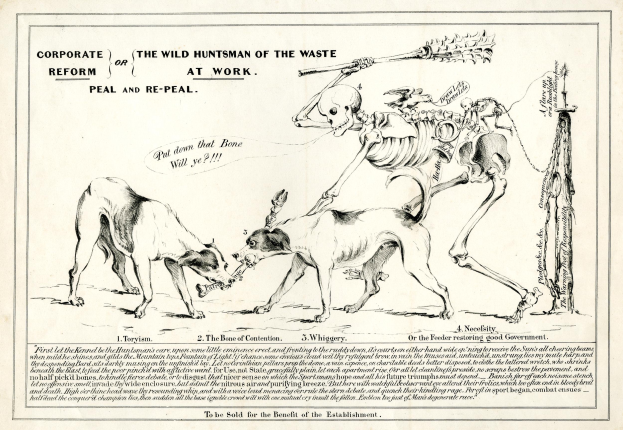 Ein Vintage-Papier im Stil der 50er Jahre mit einem dezenten Blau- und Grautonumfang zeigt eine Zeichnung von zwei Hunden, die einen Skelett flankieren, mit der Aufschrift "Der wilde Jäger der Wildnis im Einsatz" in fetter Schrift.