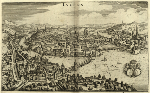 Ein altes Stadtplan von Lwiw, Ukraine, zeigt Geb├Ąude, B├Ąume, Wasser, H├╝gel und Wolken am Himmel, mit Text ├╝ber dem Bild.