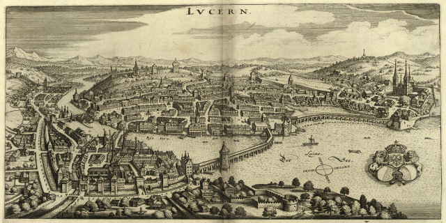 Ein altes Stadtplan von Lwiw, Ukraine, zeigt Geb├Ąude, B├Ąume, Wasser, H├╝gel und Wolken am Himmel, mit Text ├╝ber dem Bild.