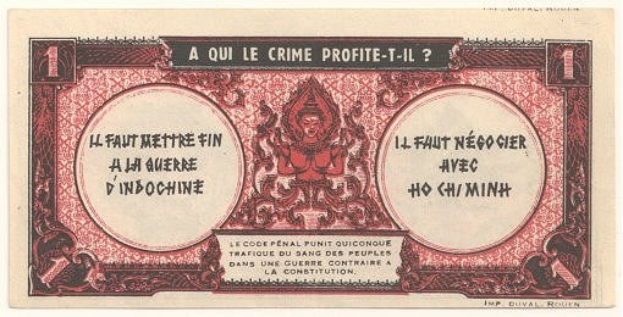 Alte französische Banknote mit ernstem Mann im Anzug und Text "A qui le crime profite-il?" auf weißem Hintergrund mit schwarzem Rand.