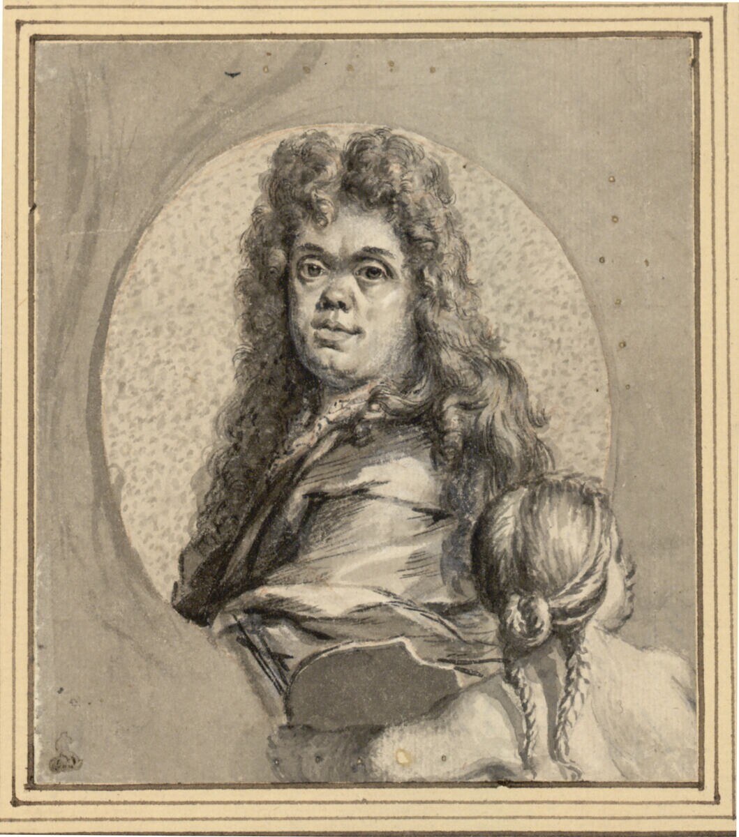 Ein Porträt eines Mannes mit langen Haaren und einem ernsten Gesichtsausdruck, der dem Betrachter gegenübersteht, neben einer Frau, die ein Kind hält und einen sanften Gesichtsausdruck hat, beide schauen direkt in die Kamera.