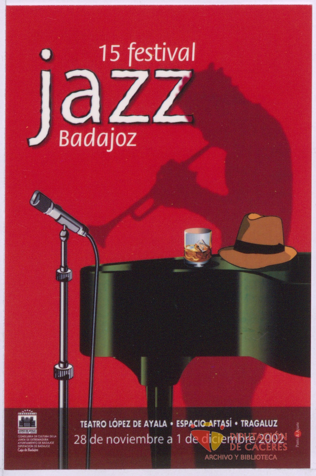 Plakat für das 15. Festival Jazz Badajoz mit einem Mikrofon, Hut und Glas auf einem Tisch mit Text zu den Festival-Details.