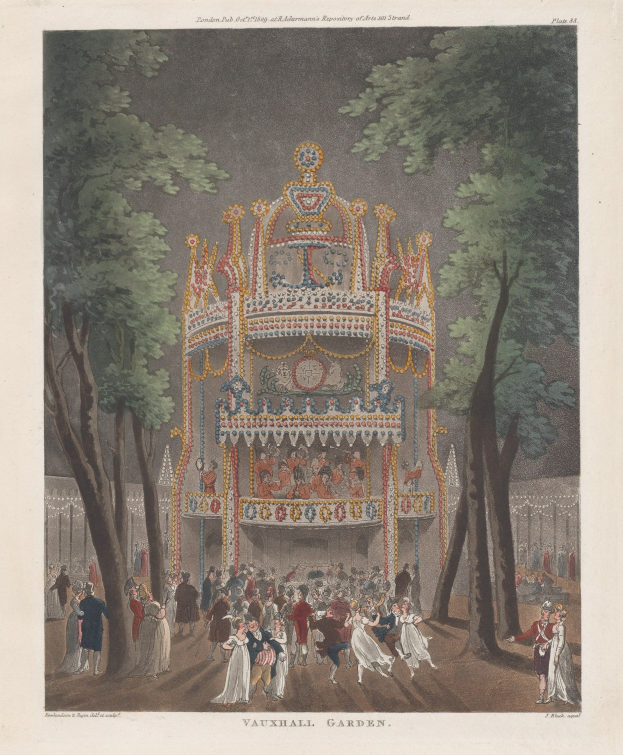 Gemälde eines Karussells in Vauxhall Gardens, London, 1775, umgeben von Bäumen und Menschen, mit Text unten.