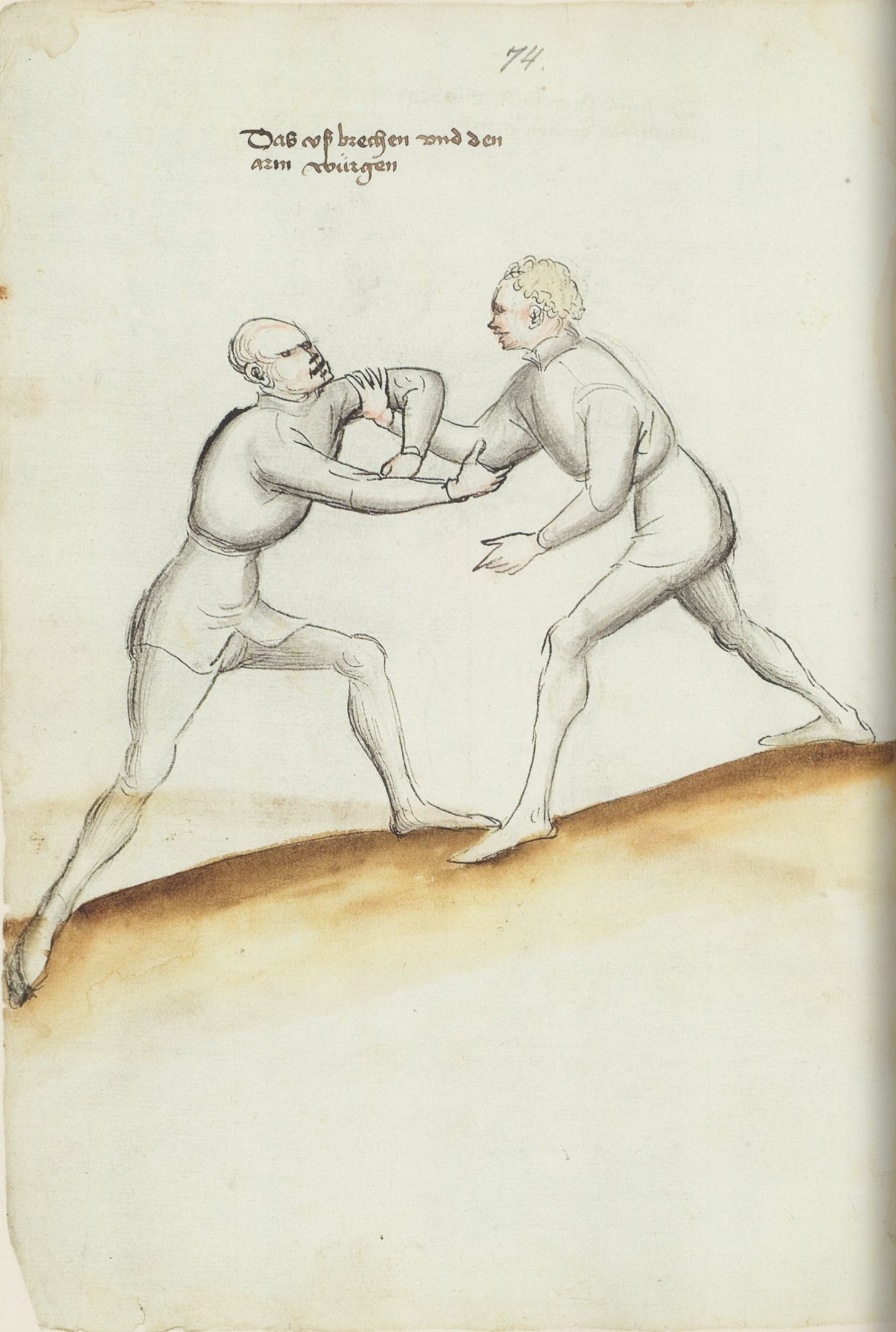 Zwei Männer in einer körperlichen Auseinandersetzung, einer wirft einen Schlag, steht auf einem Papier mit Text, der die Szene beschreibt.