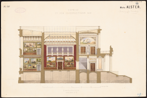 Ein detailliertes Bild eines Opernhauses von außen, das zahlreiche Fenster, Türen, Säulen und farbenfrohe Gemälde zeigt, die das Innere darstellen, mit begleitendem Text, der den historischen Kontext liefert.