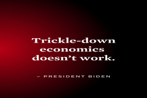 Ein Plakat mit fetter, schwarzer Schrift auf einem weißen Hintergrund, eingerahmt von einem schmalen schwarzen Rand, das "Trickle-Down Economics Doesn't Work" behauptet und einen Zitat von Präsident Biden enthält.