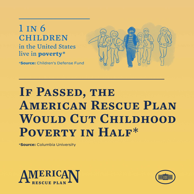 Plakat für den American Rescue Plan, um die Kindarmäßigkeit in den USA zur Hälfte zu reduzieren, mit Text und einem Bild einer vielfältigen Gruppe von Menschen.