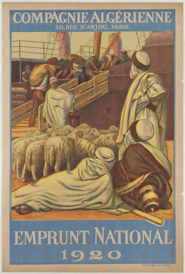 Plakat für die nationale Anleihe von 1920, das eine Gruppe von Menschen und Tieren mit Text zeigt, der die Ereignisinformationen bereitstellt.