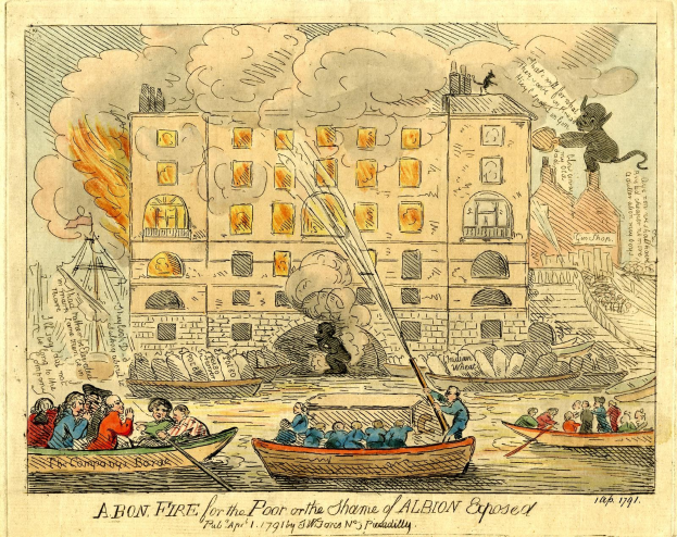 Cartoon-Illustration eines Lagerfeuers vor einem Gebäude mit Menschen in Booten auf dem Wasser, mit dem Text 'Ein Lagerfeuer für die Armen auf der Schande von Albion aufgedeckt'.