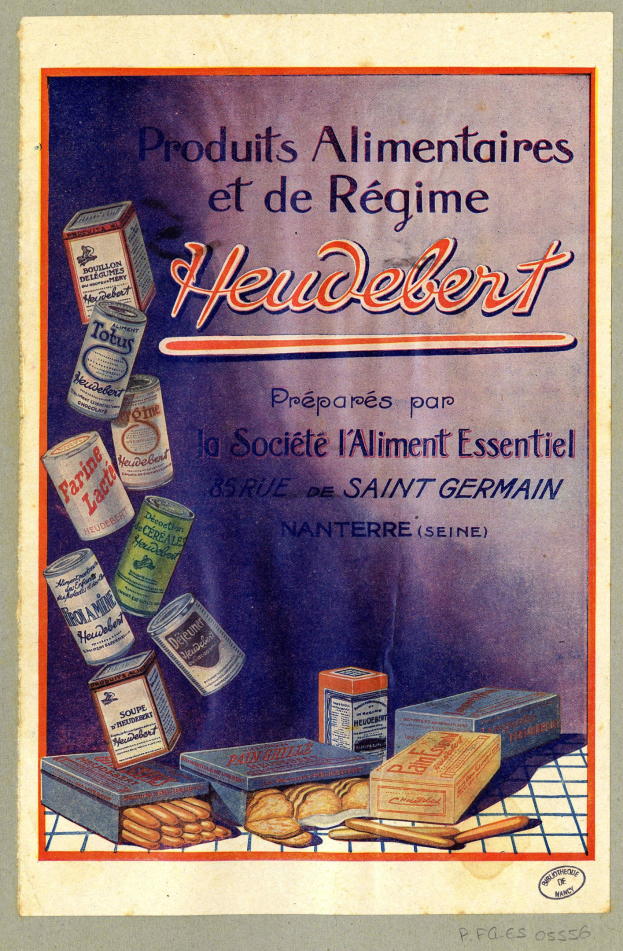 Plakat betitelt "Heidelberg - Produkte für Ernährung und Diät Heidelberg" zeigt verschiedene Lebensmittel und Schachteln.