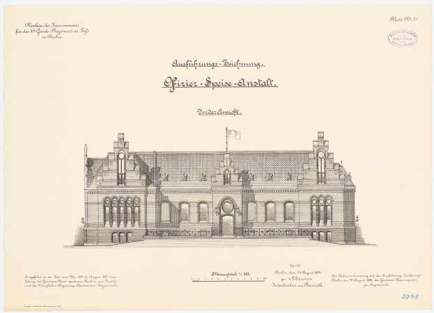 Eine Zeichnung des Reichstagsgebäudes, des Hauptsaals des Deutschen Parlaments in Berlin, mit einer Fahne oben und begleitendem Text.