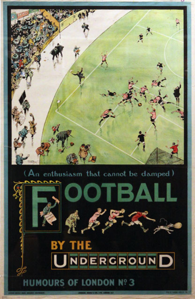 Ein Vintage-Plakat, das ein Fußballspiel ankündigt, mit der Aufschrift "Fußball unter der Erde - Londoner Humor Nr. 3", zeigt Zuschauer in einem Stadion.
