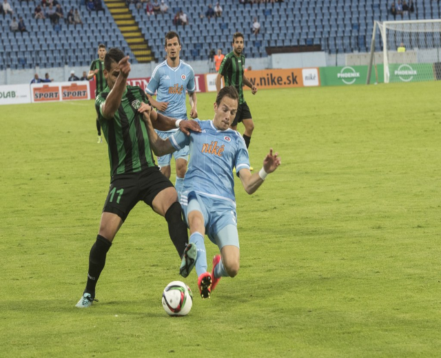 Menschen spielen Ballspiel auf Rasen mit Netz und Tribüne, Zuschauer im Hintergrund eines Stadions mit Stühlen.