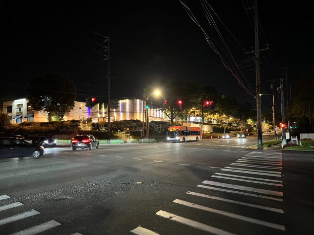Eine nächtliche Stadtstraße mit fahrenden Autos, einem Bus, Straßenlaternen, Ampeln, Strommasten mit Kabeln, Bäumen, Pflanzen, Gras und Gebäuden unter einem dunklen Himmel.