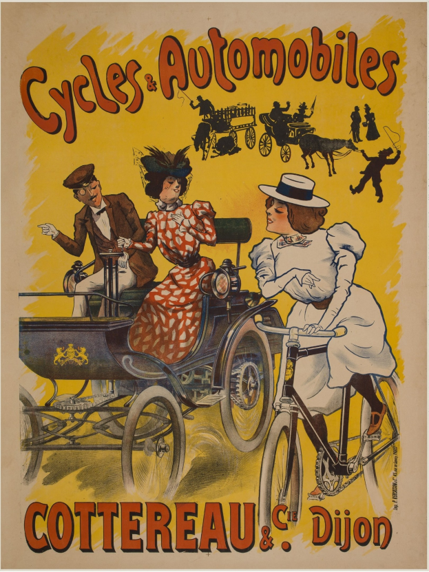 Werbeplakat für Fahrräder und Automobile in Cottereau und Dijon, Frankreich, das Menschen auf Fahrrädern und eine Kutsche mit dem Text "Fahrräder und Automobile" oben zeigt.