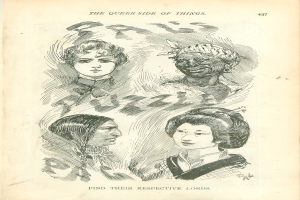 Ein altes Buchcover mit vier Frauenköpfen und der Text "Die queere Seite der Dinge".