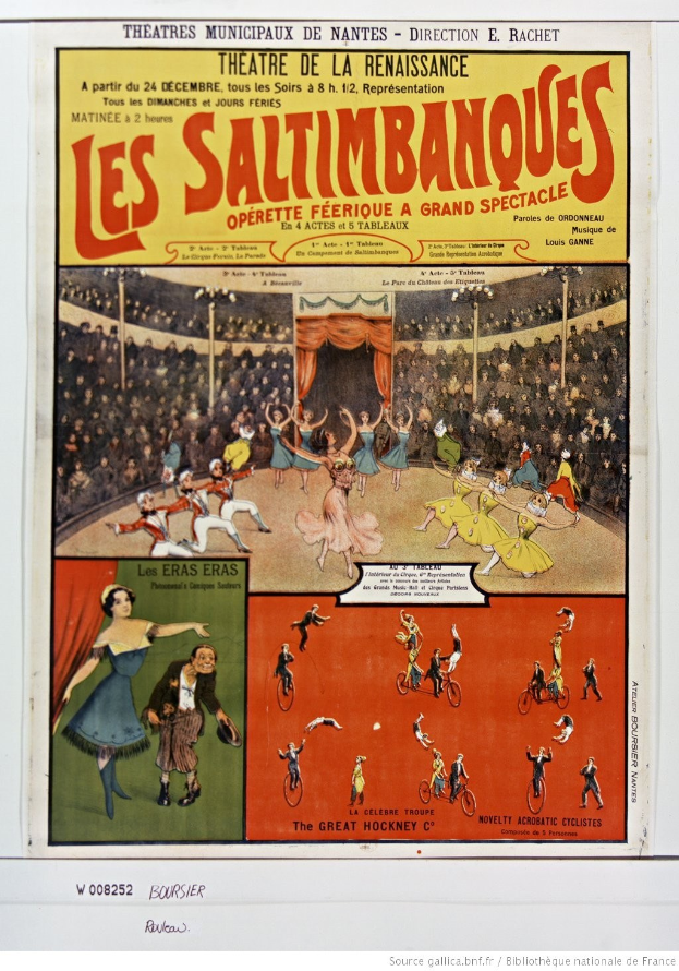 Buntes Plakat für das Musical *Les Saltimbanques* im Théâtre de la Renaissance, mit einer Zirkusszene und einem markanten Titeltext.