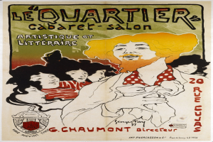 Plakat für das Quartier Cabaret Salon in Paris mit einer Gruppe von Menschen umgeben von mutigem Text in einem dekorativen Rahmen mit einem gedämpften Blau-, Grün- und Gelbton.