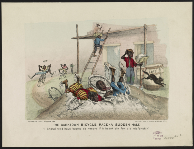 Plakat mit der Aufschrift "The Darktown Bicycle Race - A Sudden Halt", das eine chaotische Szene mit angehaltenen Radfahrern, Menschen auf Leitern, einem Gebäude und anderen Gegenständen zeigt.