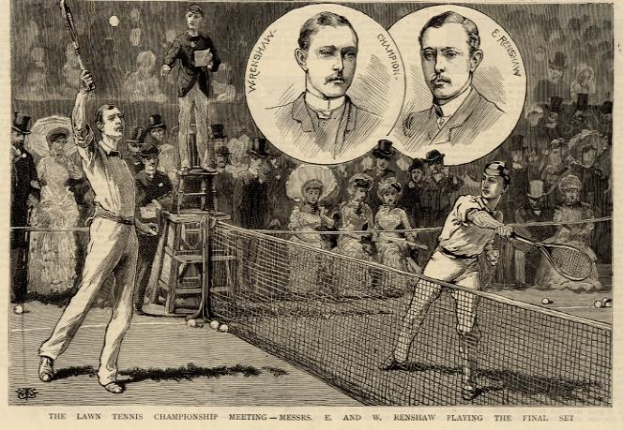 Schwarz-weiß-Zeichnung von zwei Männern, die auf einem Platz mit Netz Tennis spielen, während eine Gruppe von Menschen im Hintergrund zuschaut; Text unten lautet "The Lawn Tennis Championship Meeting - Messers, E und W Renshaw spielen das entscheidende Satz".