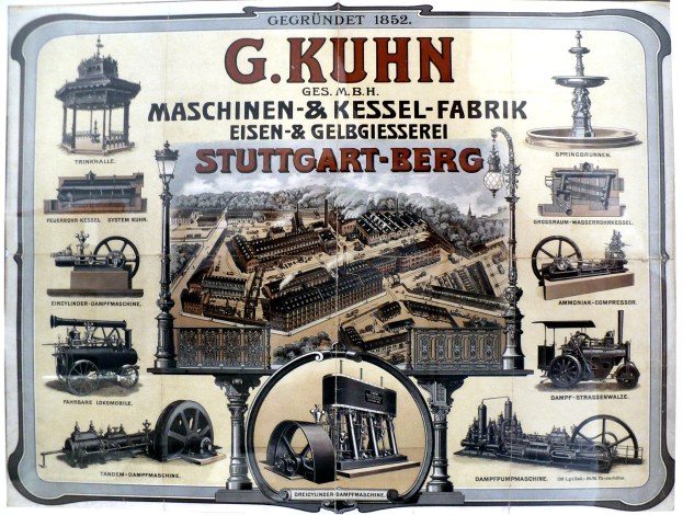 Werbeplakat für G. Kuhn's Stuttgart-Berg Maschinenbau mit Bildern verschiedener Maschinen und begleitendem Text.