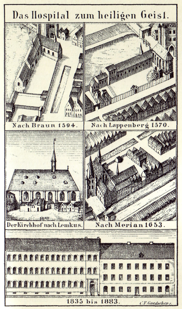 Detailreiche Abbildung eines deutschen Krankenhausgebäudes auf einem Plakat mit Fenstern, Türen und Balkonen sowie begleitendem Text über seine Größe, Lage und Ausstattung.