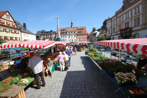 Ein belebter Markt im alten Stadtzentrum von Heidelberg mit Menschen, die gehen, auf Bänken sitzen und um Zelte herumstehen, mit Gemüsekörben auf Tischen und Gebäuden mit Fenstern, Bäumen und einem klaren blauen Himmel im Hintergrund.