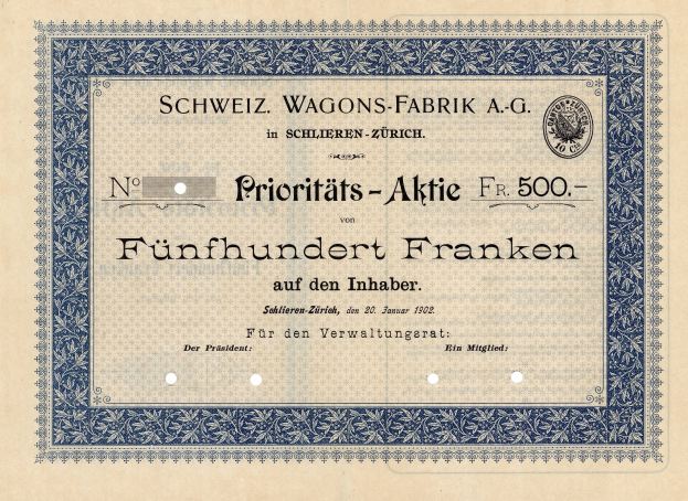 Altes deutsches Aktienzertifikat mit blauem Rand, Text auf Deutsch: "Schweiz Wagons-Fabrik A.G."
