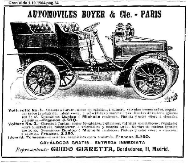 Schwarze und weiße Anzeige für ein altes Auto von "Automoviles Boyer & Cie - Paris".