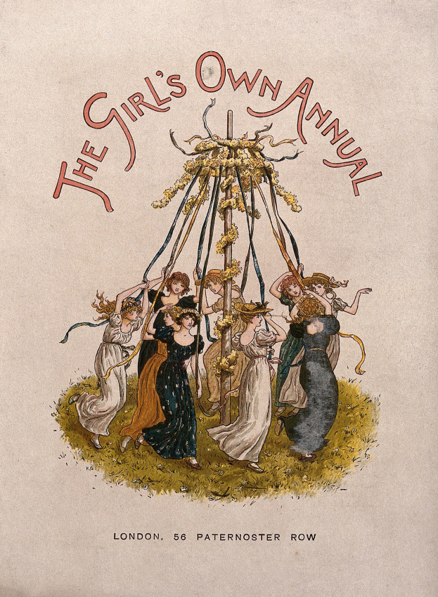 Illustration aus 'The Girl's Own Annual', die Menschen beim Tanzen um einen geschmückten Maibaum zeigt, die bunte Kleider tragen.