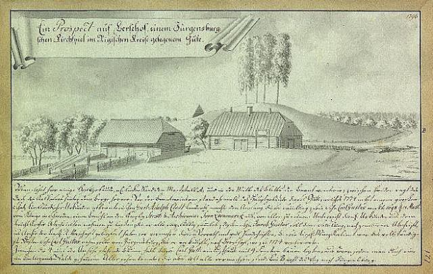 Ein altes historisches Dokument mit dem Titel "Surgensburg, Deutschland - Landschaft einer Farm", das eine Farm in einem Feld umgeben von Häusern, Bäumen und einem Himmel zeigt.