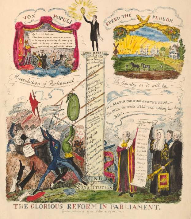 Ein buntes illustriertes Dokument mit der Überschrift "Die glorreichen Reform im Parlament", das mutige Texte und vielfältige, strahlende Menschen zeigt, die Fortschritt und Hoffnung symbolisieren.