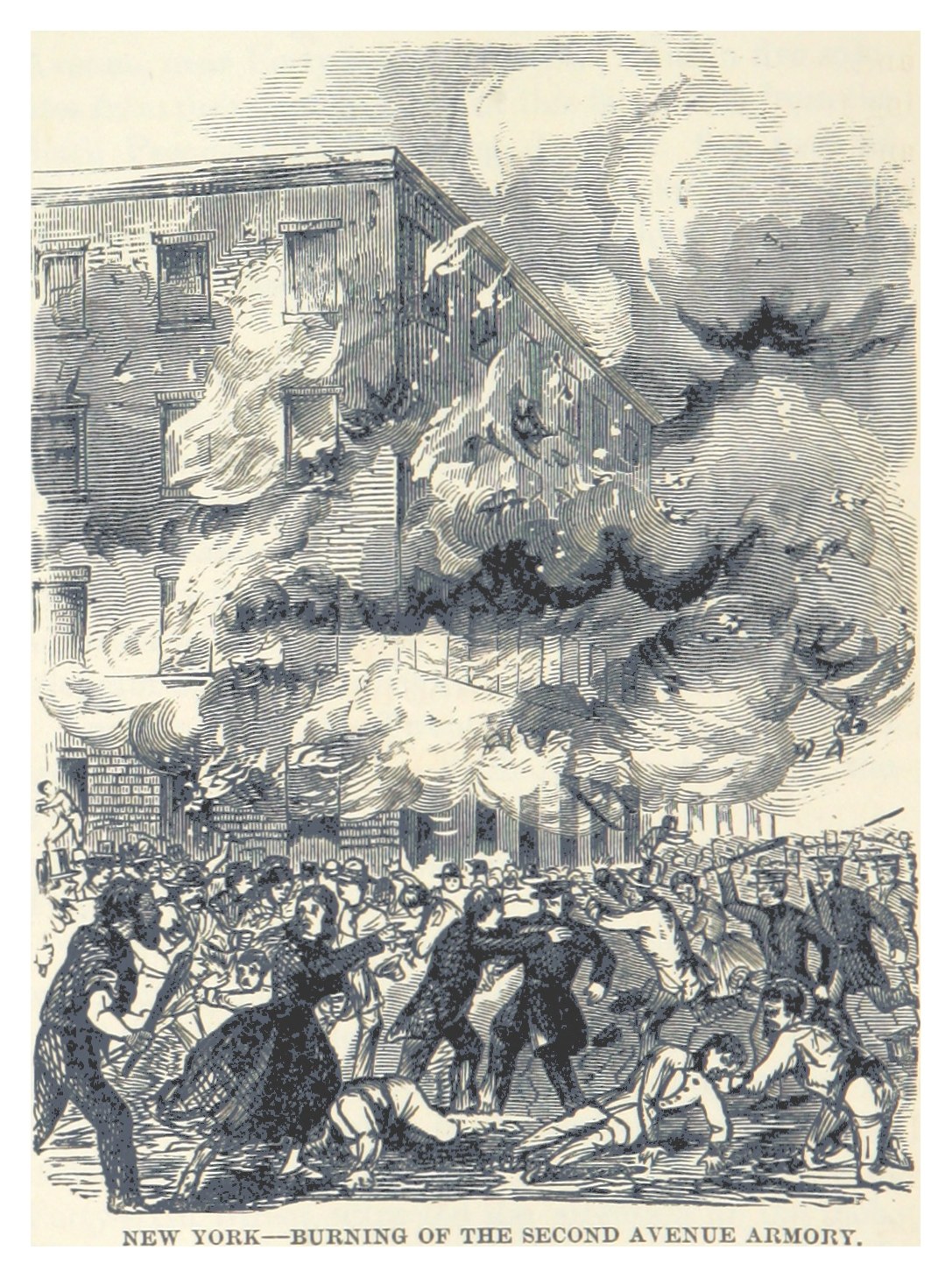 Plakat zeigt das brennende Second Avenue Armory in New York City mit einer Zuschauermenge und Text unten mit der Aufschrift "New York - Brand des Second Avenue Armory".