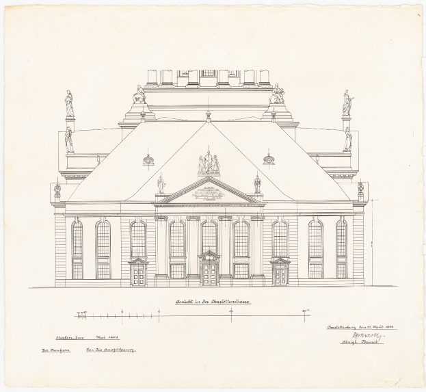 Ein detailliertes Linienbild der Schlosshof-Fassade in Dresden, Deutschland, mit zahlreichen Fenstern und Statuen oben auf dem Gebäude, gezeichnet auf Papier mit begleitendem Text.