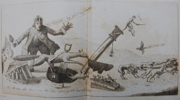 Offenes Buch mit dem Titel "Der moderne Fuchs wählt oder der Fuchs jagt die Hunde" (1784) mit einer Illustration eines Mannes in Anzug und Hut umgeben von Tieren, Vögeln und Gegenständen.