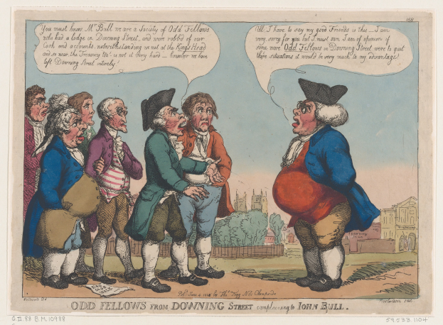 Cartoon illustration of people in front of a building with trees and sky, labeled "odd fellows from downing street complaining to John Bull" at the bottom.
