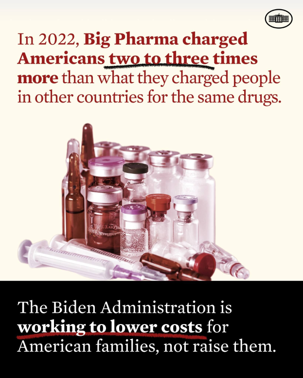 Plakat, auf dem steht, dass Big Pharma 2022 Amerikaner zwei bis drei Mal so viel für dieselben Medikamente berechnet hat wie in anderen Ländern, mit Bildern von Medikamentenflaschen und einer Spritze.