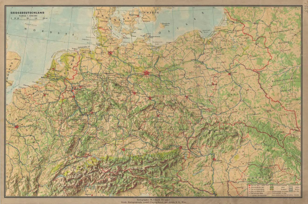Detailierte alte Deutschland-Karte, die Straßen, Autobahnen und geografische Merkmale mit Text oben und unten zeigt.