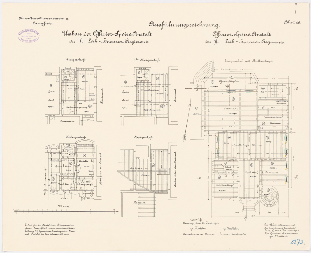 Schwarz-weißer architektonischer Grundriss des ehemaligen Büro des deutschen Bundeskanzlers, zeigt detaillierte Layouts und Anmerkungen.