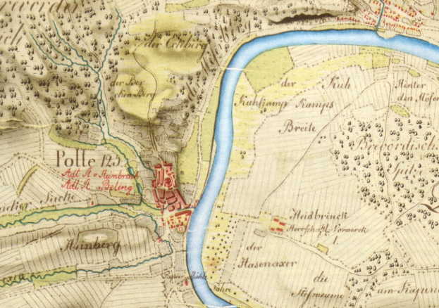 Ausführliches altes Stadtplan von Polle, Deutschland, zeigt Straße, Gebäude und einen durch die Stadt fließenden Fluss.