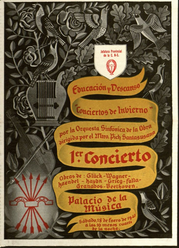 Ein Konzertplakat mit einer Gitarre, umgeben von Blumen und Vögeln, mit Text.